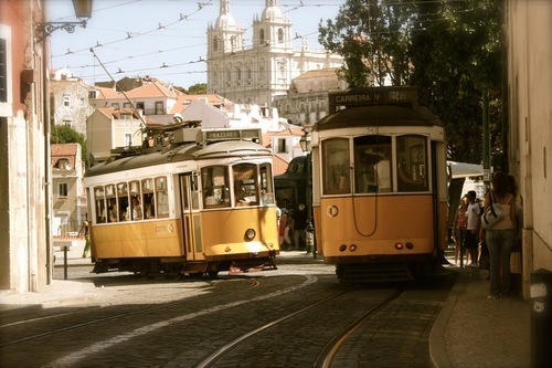Yellow tram cars