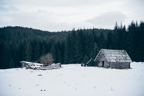 Casa de campo de madeira na neve