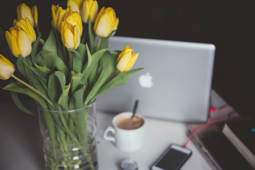 Gele tulpen en laptop
