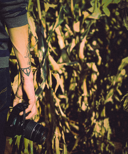Tattooed hand holding camera