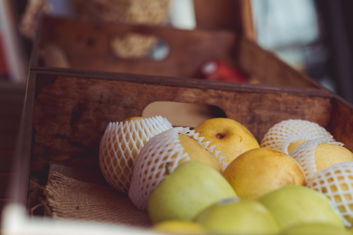 Fruit in wooden boxes