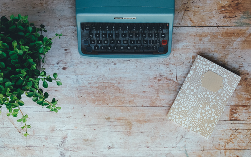 Planta, notas y máquina de escribir