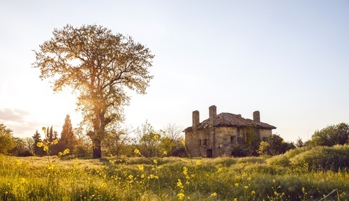 Huis van het platteland in het voorjaar