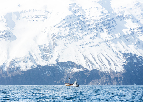 Montanha de neve de tirar o fôlego com o barco no mar