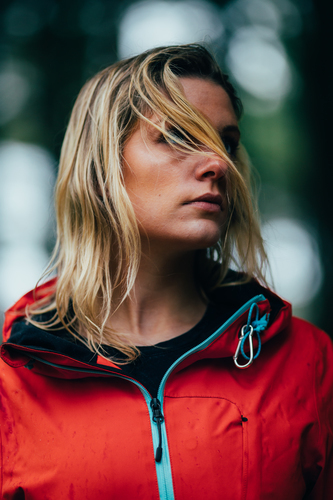 Blonde girl in red jacket