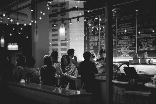 Cafe customers in monochrome