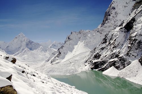 Snow-covered mountains with lake