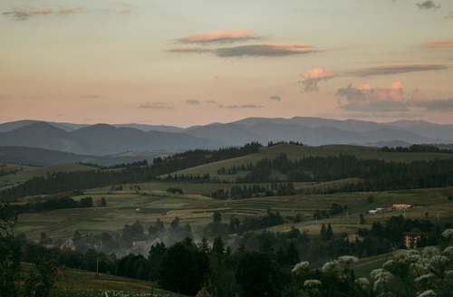 Carpathian mountains in sunset sky