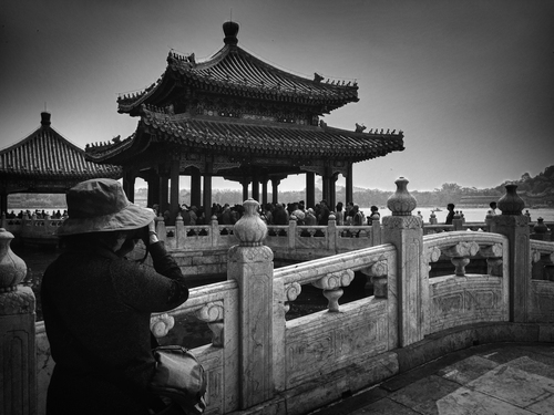 Japanese monument with tourists