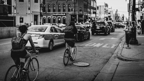 Chicago cyclists in black and white