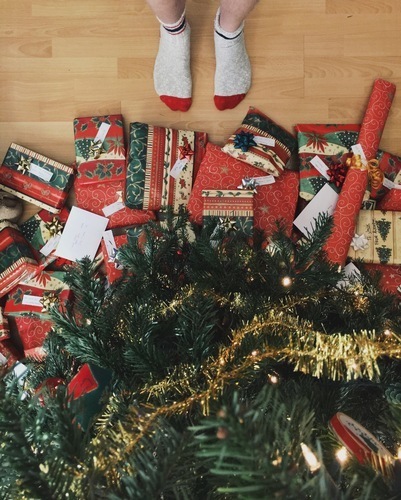 Legs in front of presents