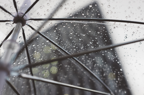 Clear umbrella with raindrops
