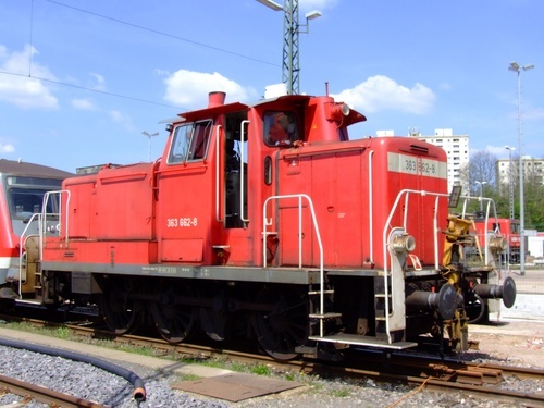 Red locomotive at the station