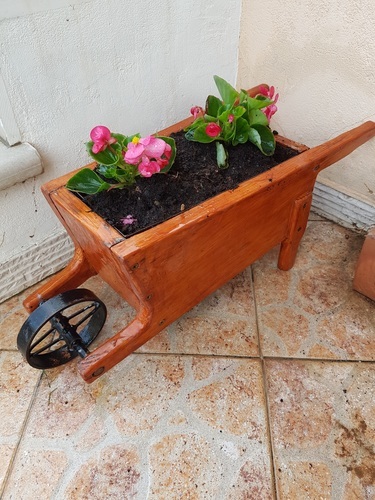 Wooden wheelbarrow with flower