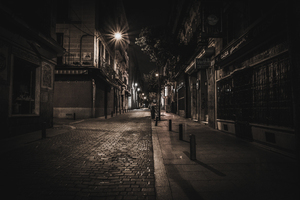 Cobblestone street at night