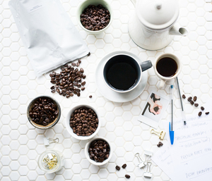 Coffee beans and mugs