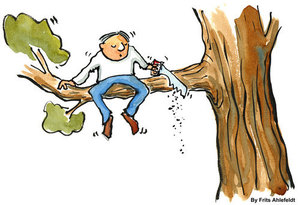 Man cutting off the branch he is sitting on